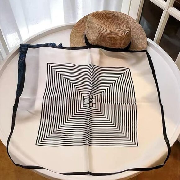 100% Mulberry Silk Neck Scarf 21"x21" Black & White Stripes - Picture 3 of 5